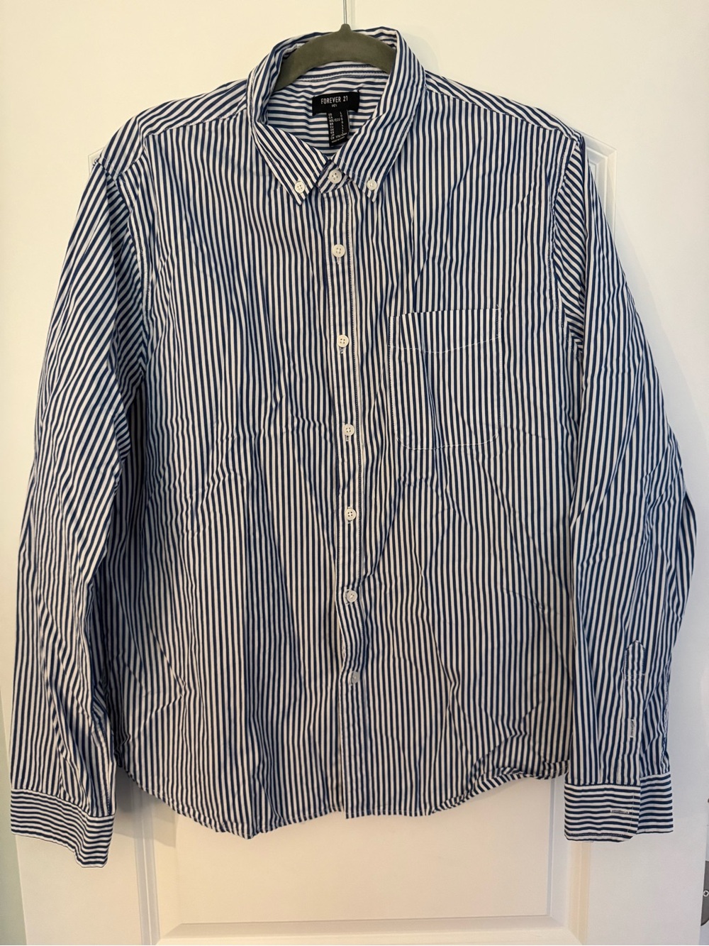 Forever 21 Men’s Navy and White Vertical Stripe Button-Down Shirt